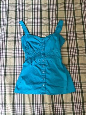 Guess Teal Green Button Down Babydoll Tank Top Ruched Waist Size S